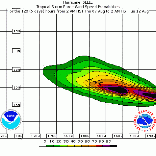 Probability of experiencing tropical storm force (>=34 kt) or greater winds from Iselle